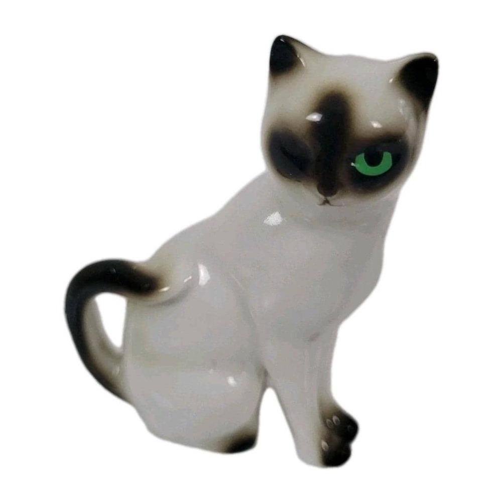 Vintage Winking Siamese Cat 2" Figurine Green Eye Mid-Century Hagen-Renaker Like